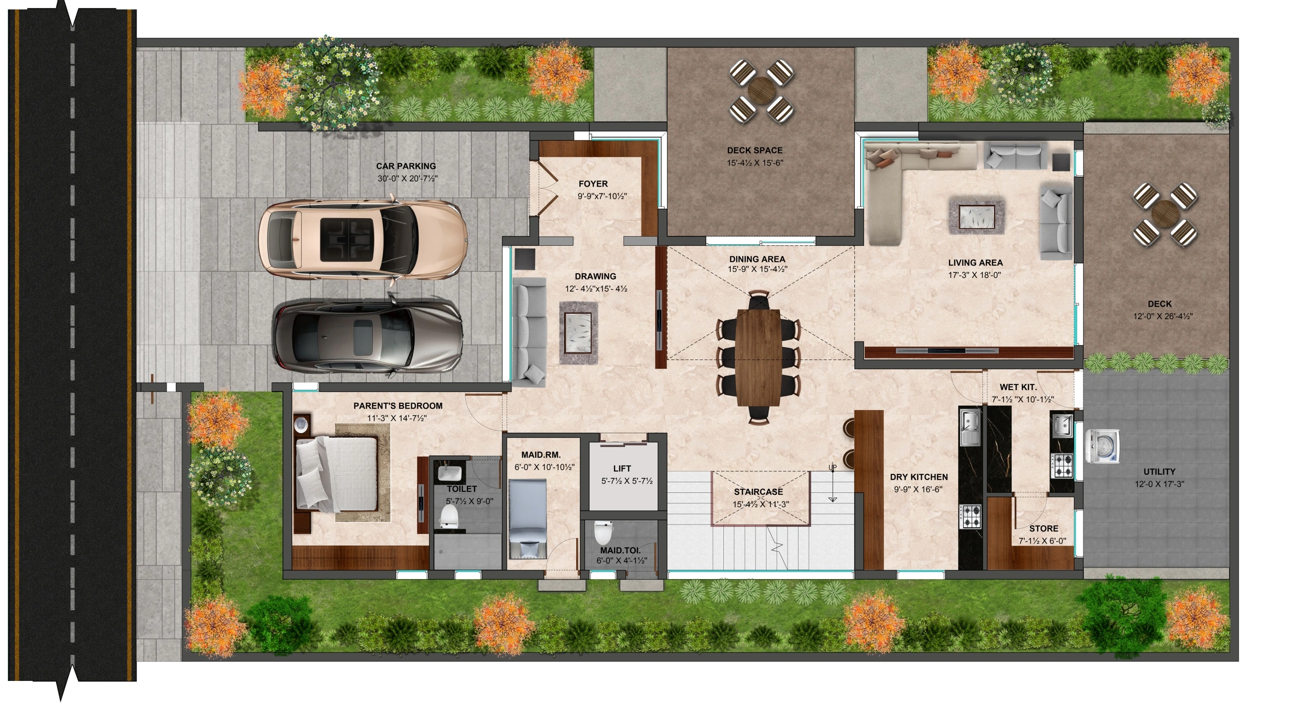 Conceptual villa ground floor showing landscaped edges, decks and connected living spaces